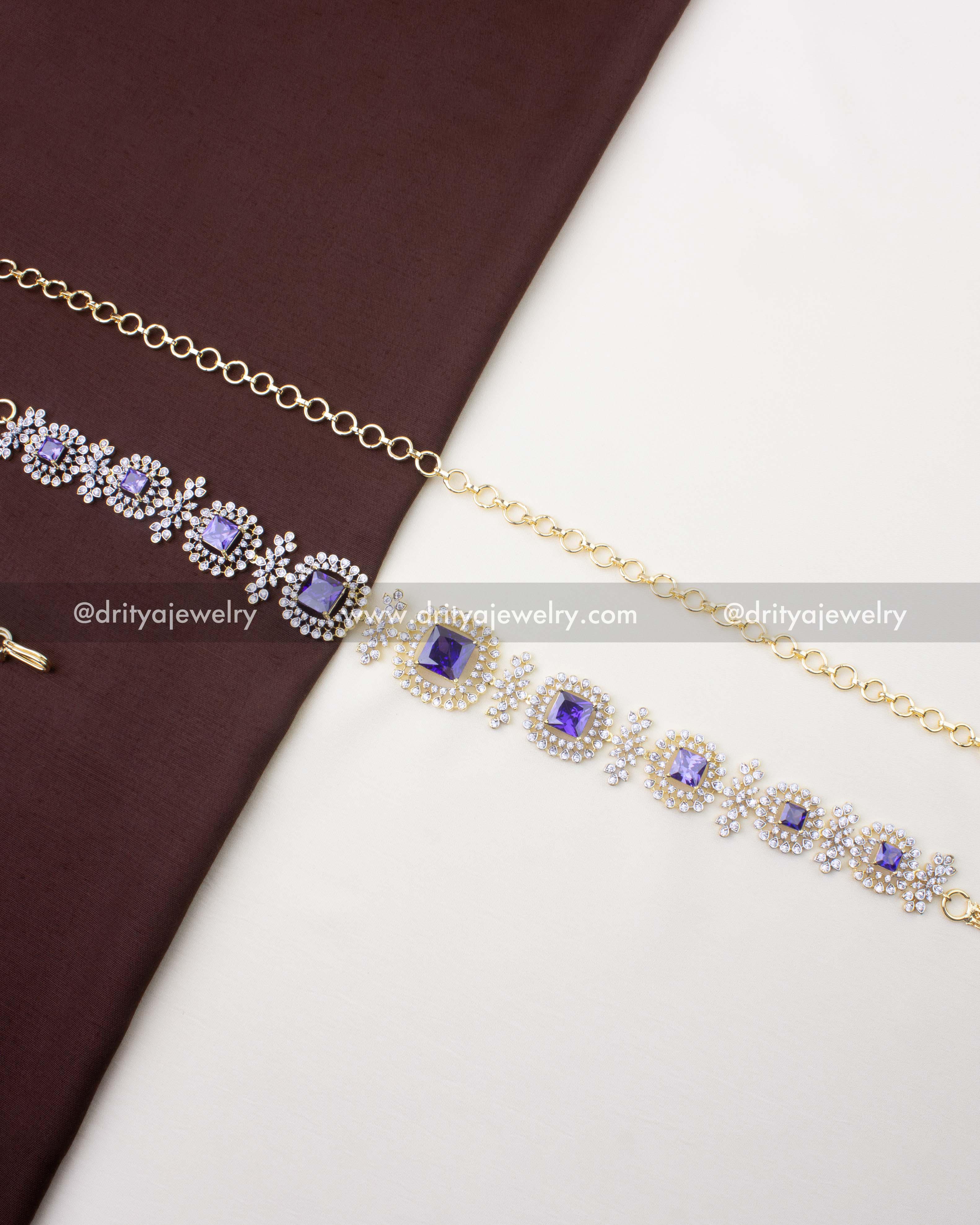 1228-PU full-length purple CZ waist chain with adjustable gold-toned links