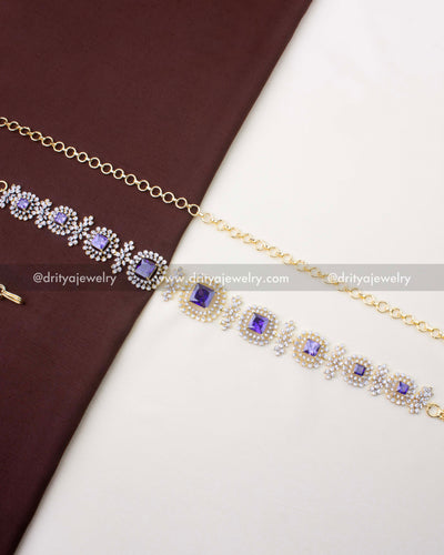 1228-PU full-length purple CZ waist chain with adjustable gold-toned links