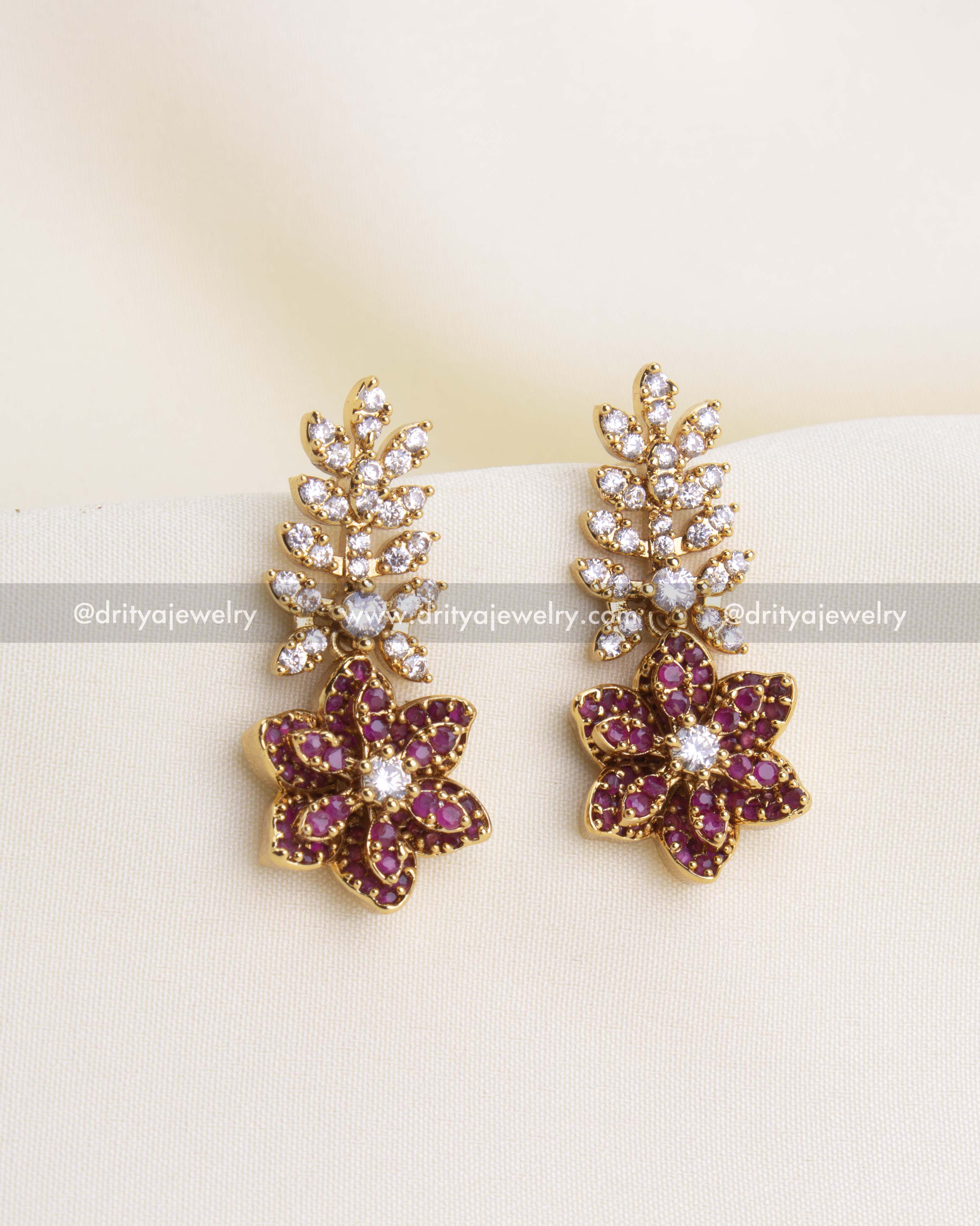 SKU 1113 - Necklace Set - Front view of matching CZ floral drop earrings