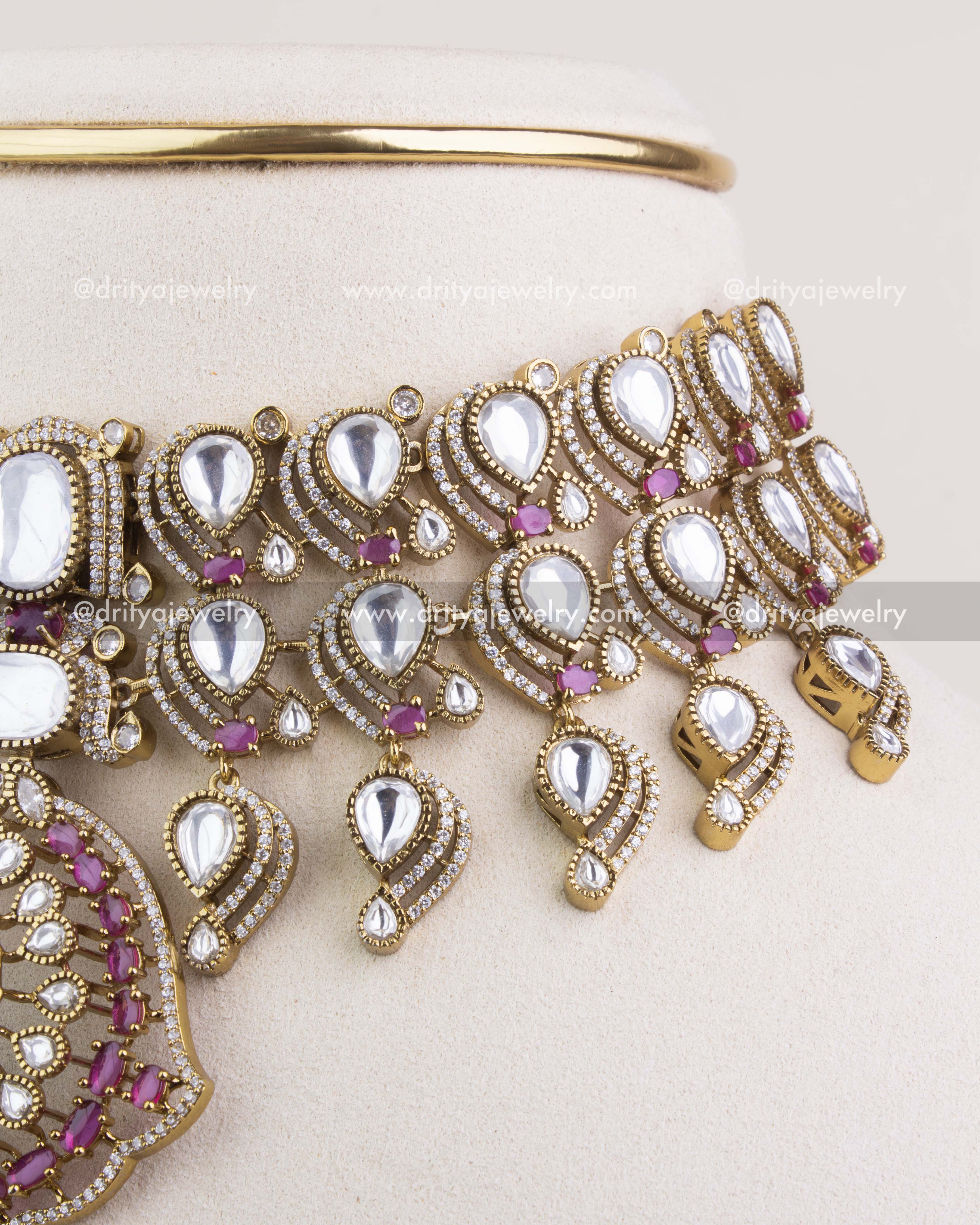 SKU 1234 side close-up of Kundan choker necklace detailing and dangling motifs