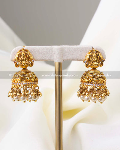 1284-G Lakshmi Devi temple jhumka earrings front view with pearl bead drops