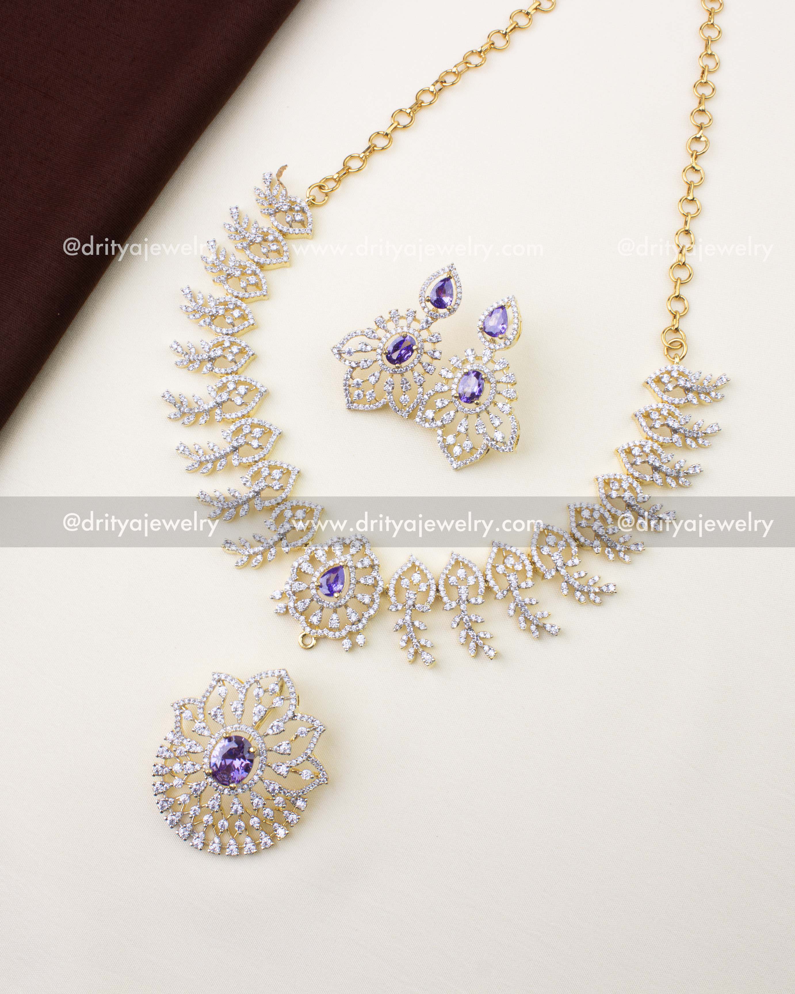 1232-PU premium short necklace set laid flat with detachable pendant and earrings