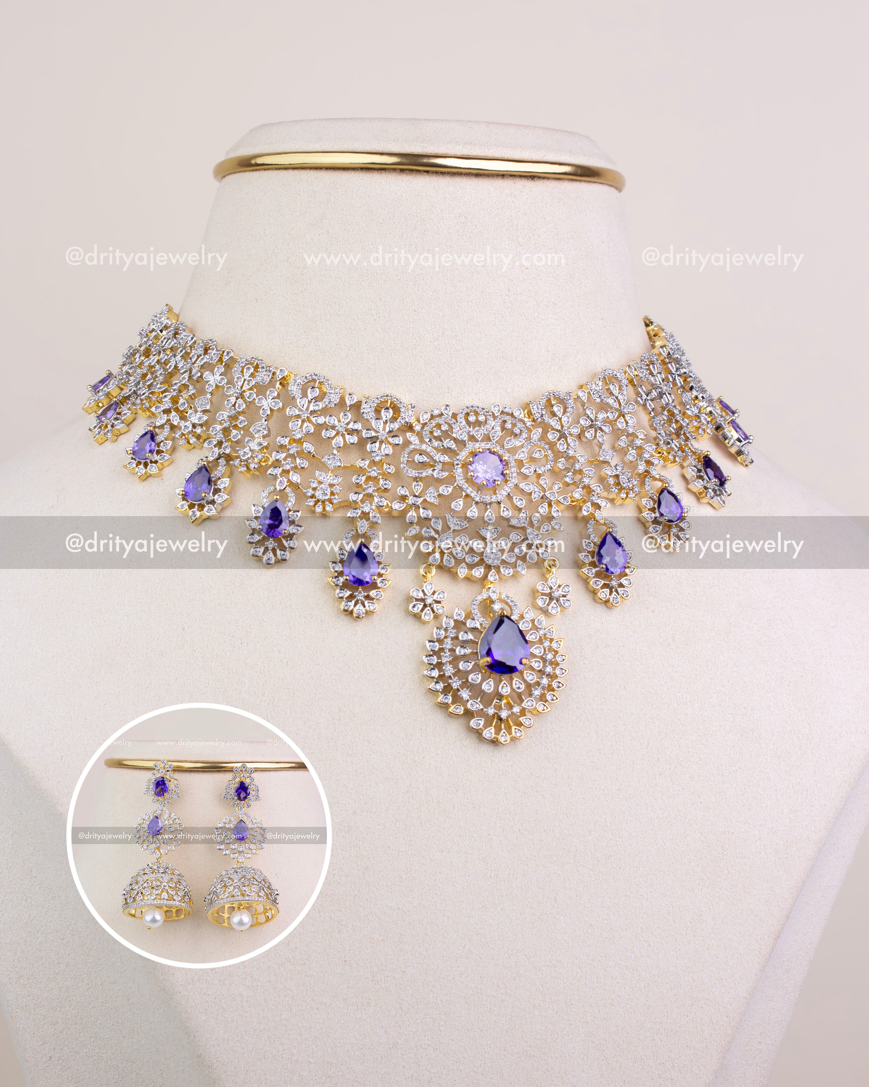 Premium purple stone CZ short necklace with matching jhumka earrings displayed on bust, front view