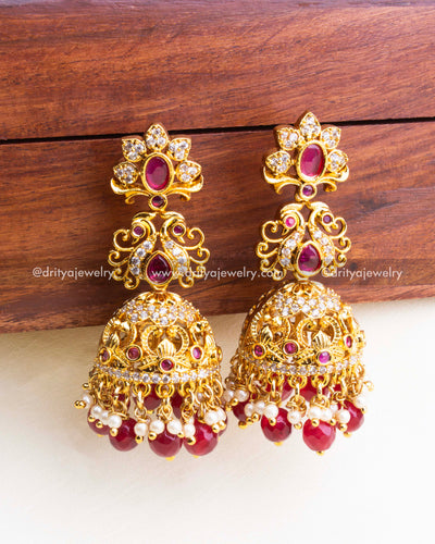 844-R - Earrings - Straight front view of ornate ruby and pearl antique jhumka earrings