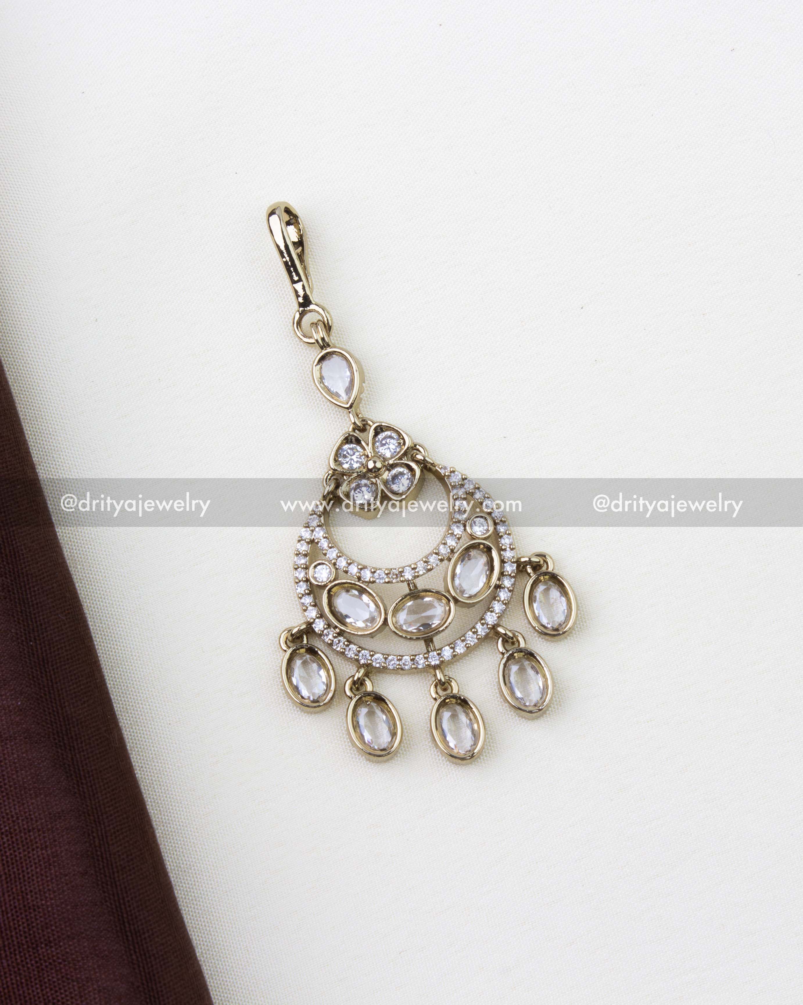 1260-W Victorian white AD stone maang tikka with crescent design and oval drops front view