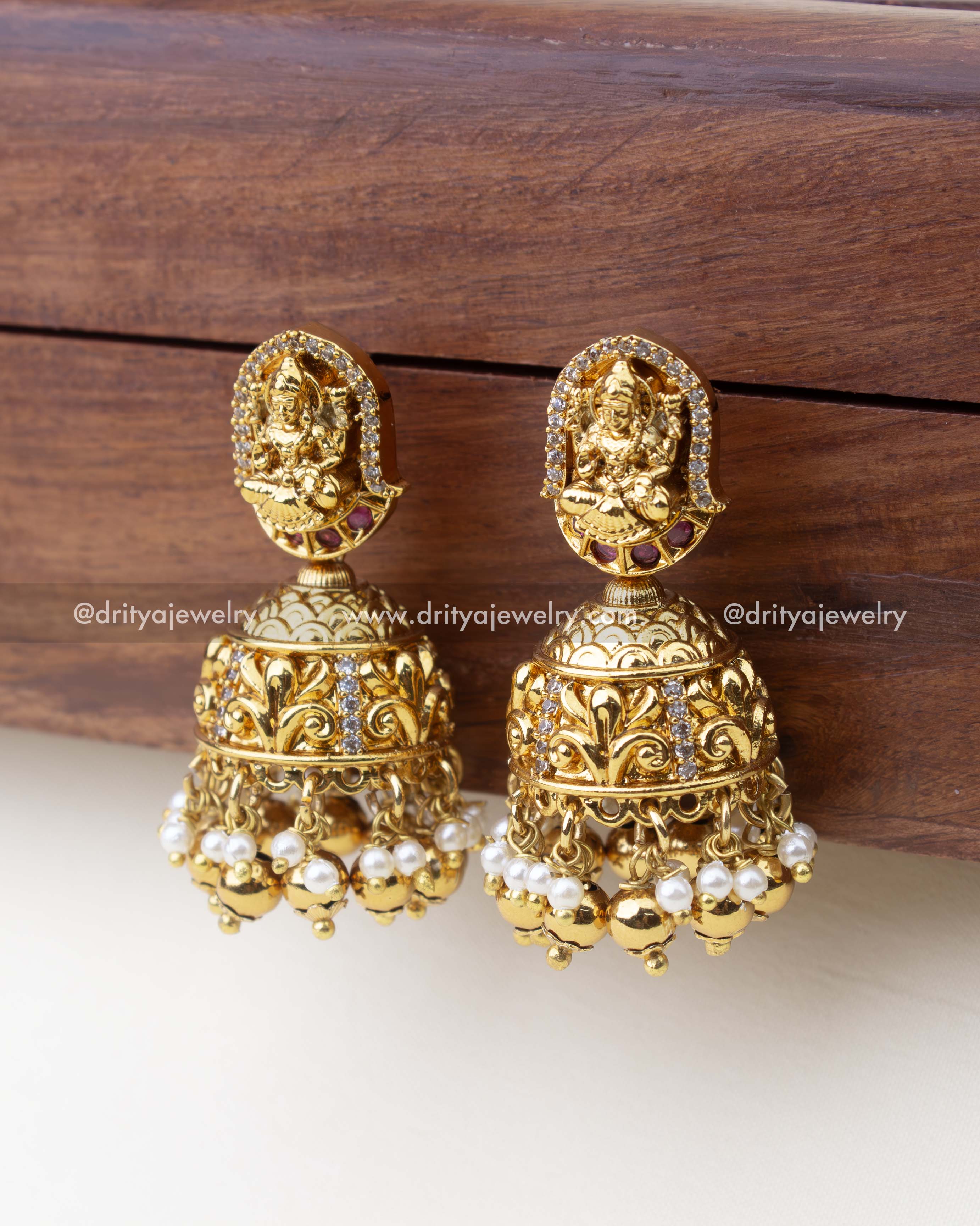 1267-G - Temple Lakshmi jhumka earrings angled side view