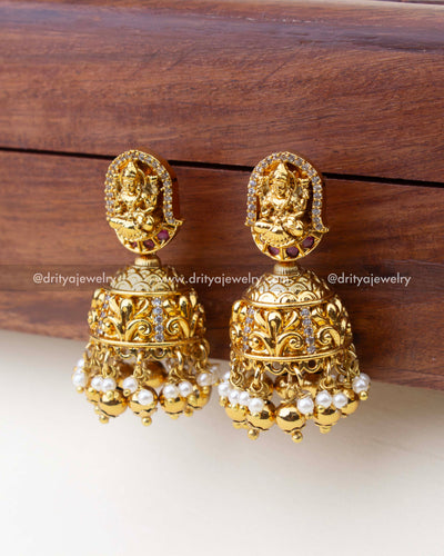 1267-G - Temple Lakshmi jhumka earrings angled side view