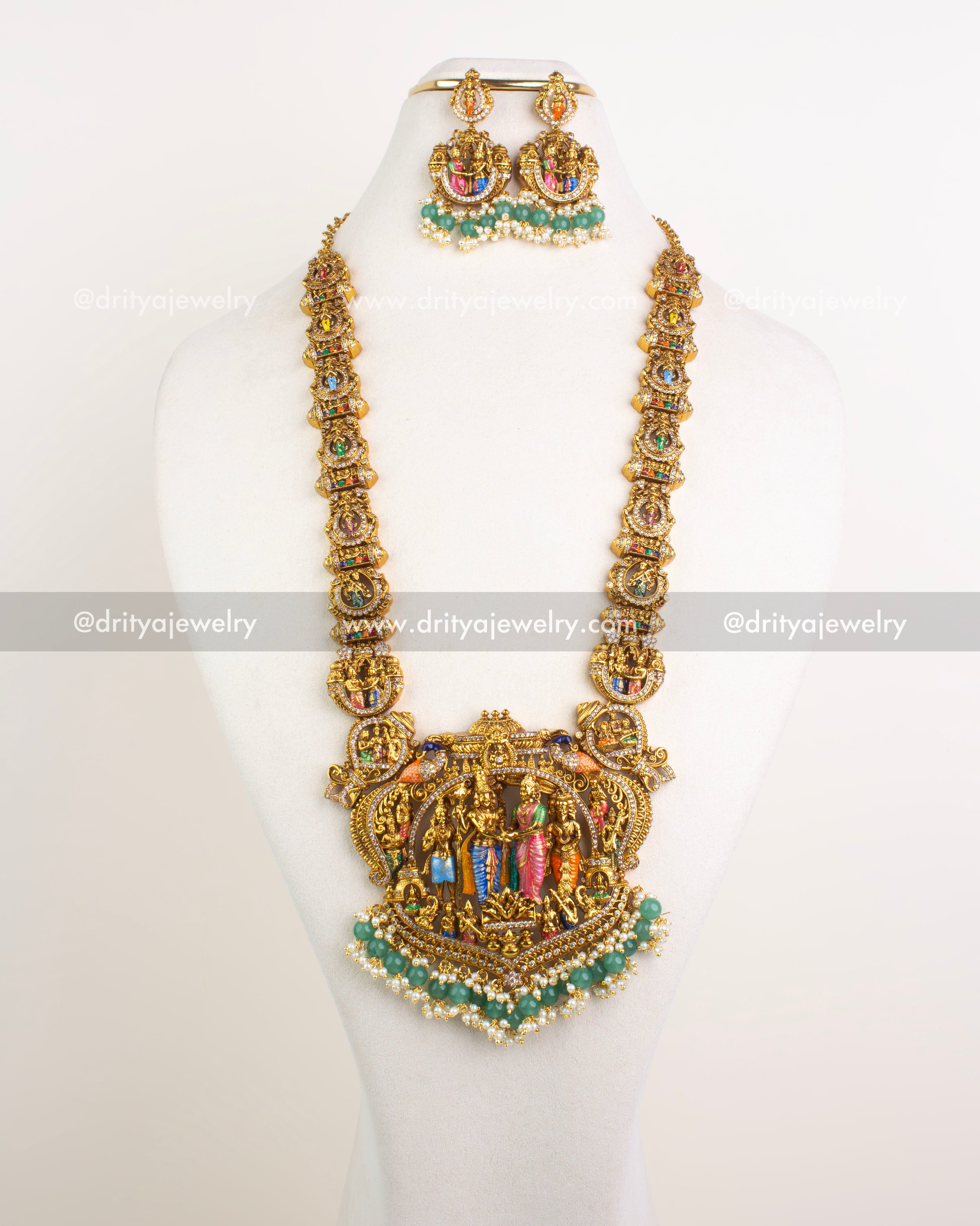 Premium Srinivasa Kalyanam long temple necklace set with earrings displayed front view