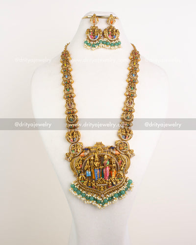 Premium Srinivasa Kalyanam long temple necklace set with earrings displayed front view
