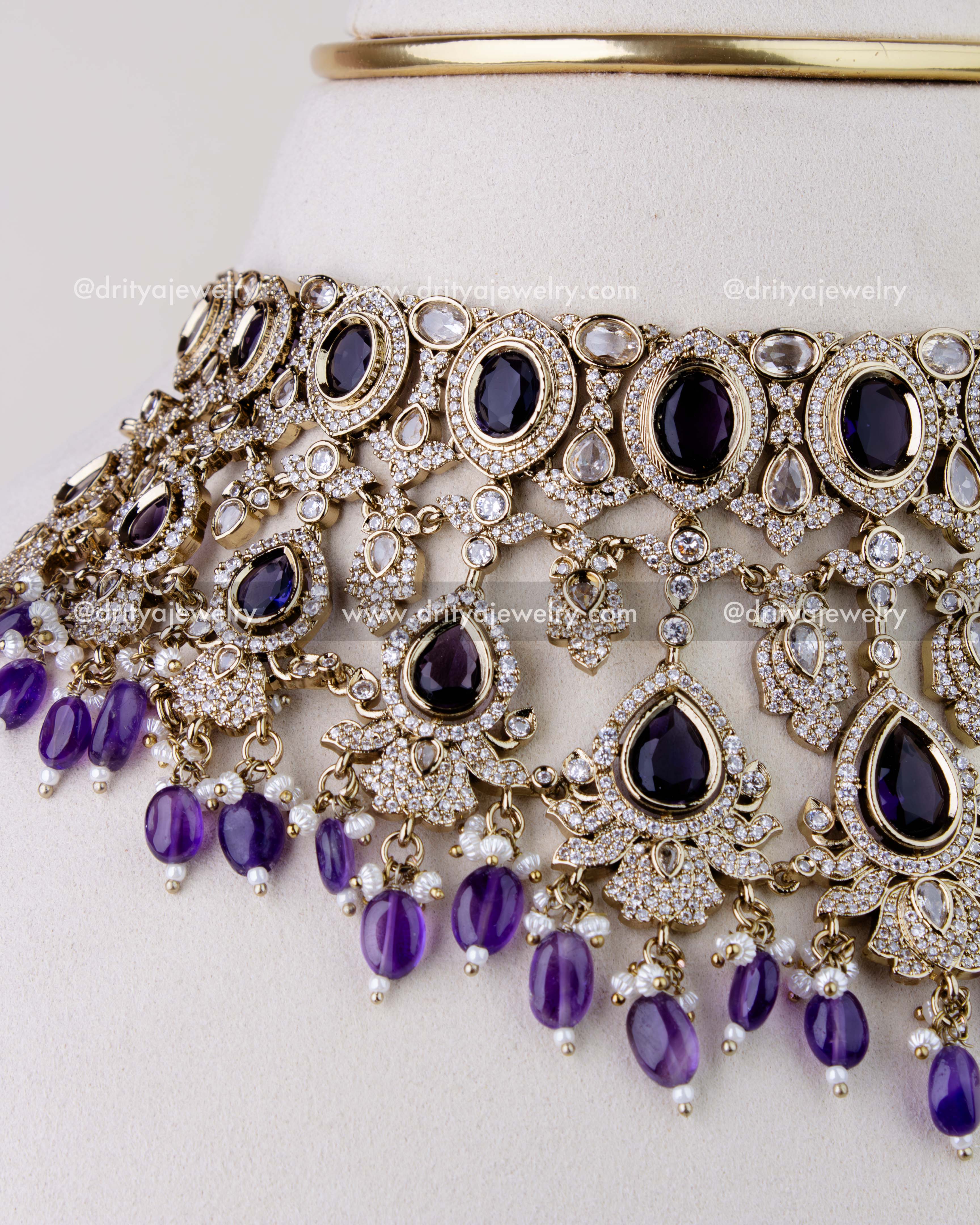 1275-PU detailed view of choker necklace centre motifs and purple bead drops