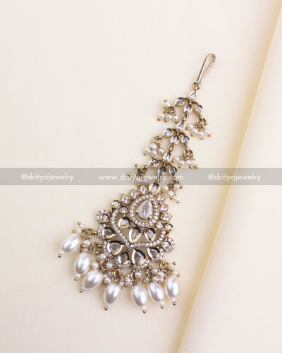 Full view of gold-toned bridal maang tikka with cascading pearls, SKU 1133-W