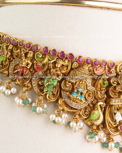 SKU 1181 Necklace Set detailed side view of choker with deity panels and bead drops