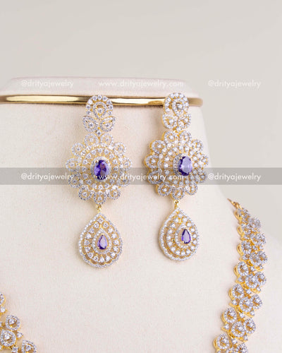1229-PU Necklace Set close-up of earrings with CZ and coloured stones