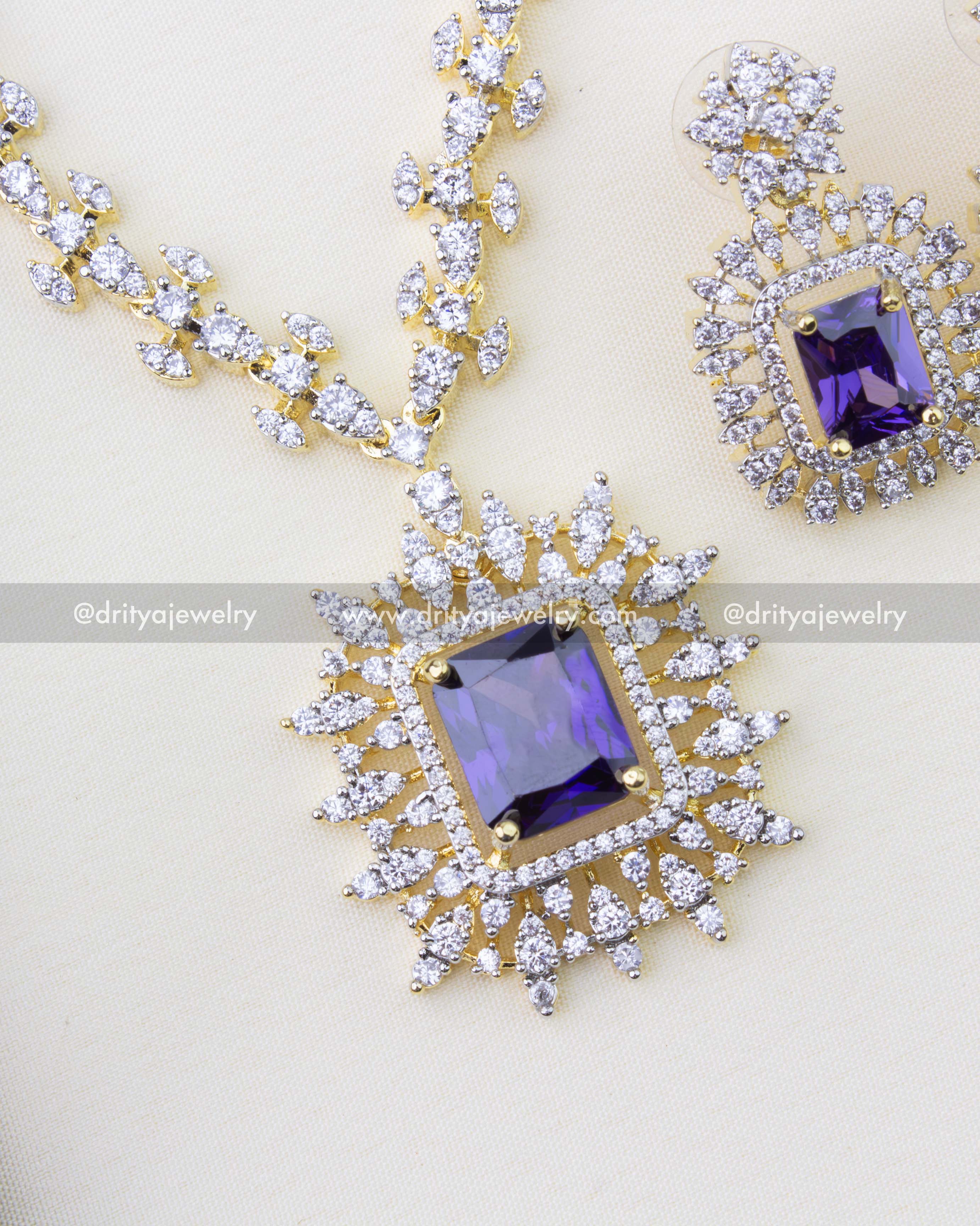 1276-PU necklace pendant and chain detail with purple stone and sparkling clusters