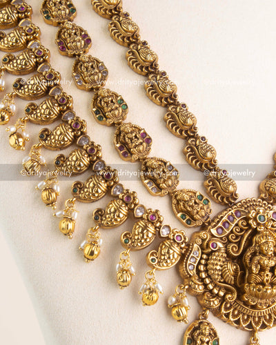 SKU 1162 Necklace Set side close-up of temple-style links and pearl-like bead drops