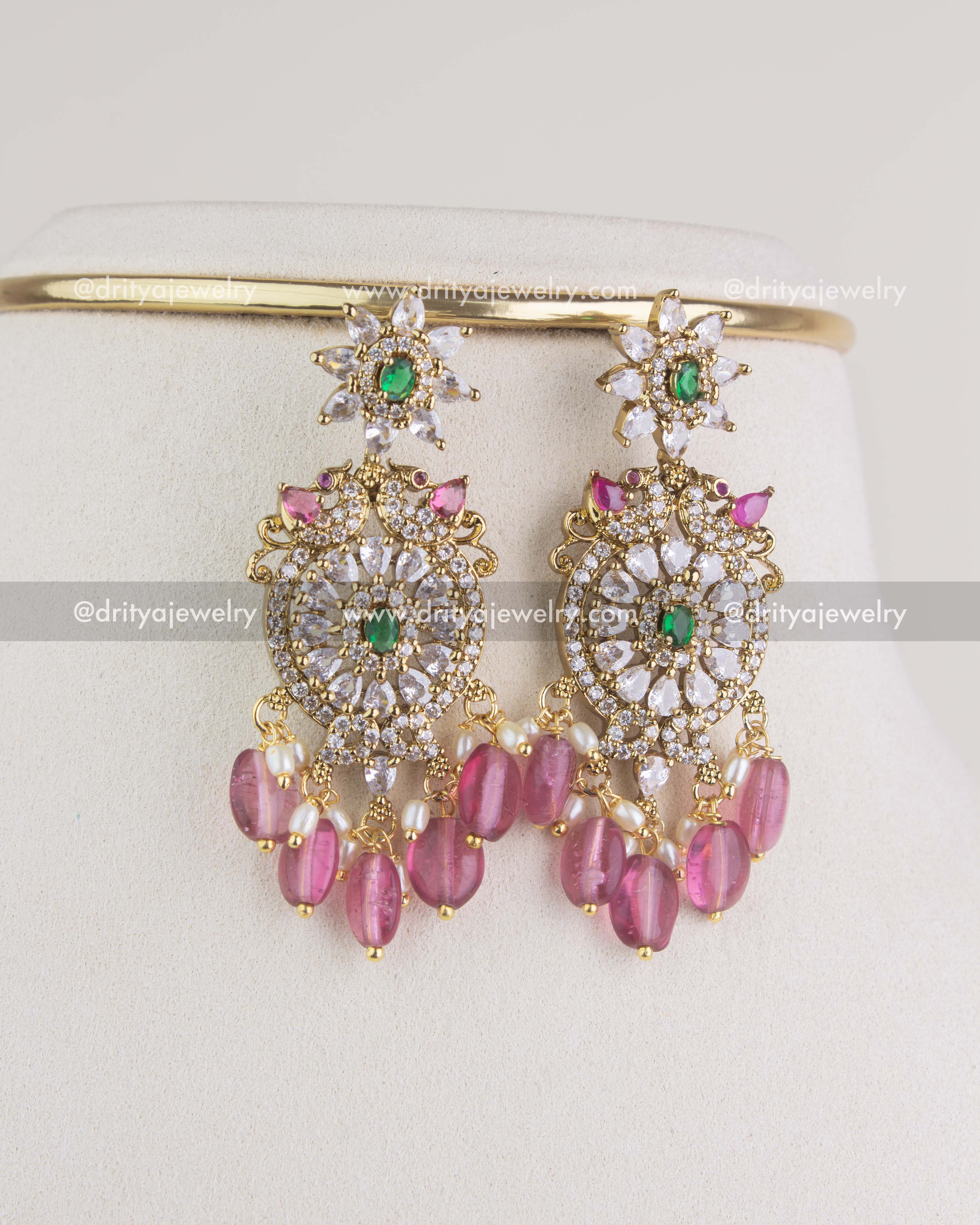 SKU 1150 Necklace Set earrings front view with CZ stones and pink bead danglers