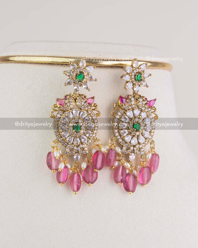SKU 1150 Necklace Set earrings front view with CZ stones and pink bead danglers