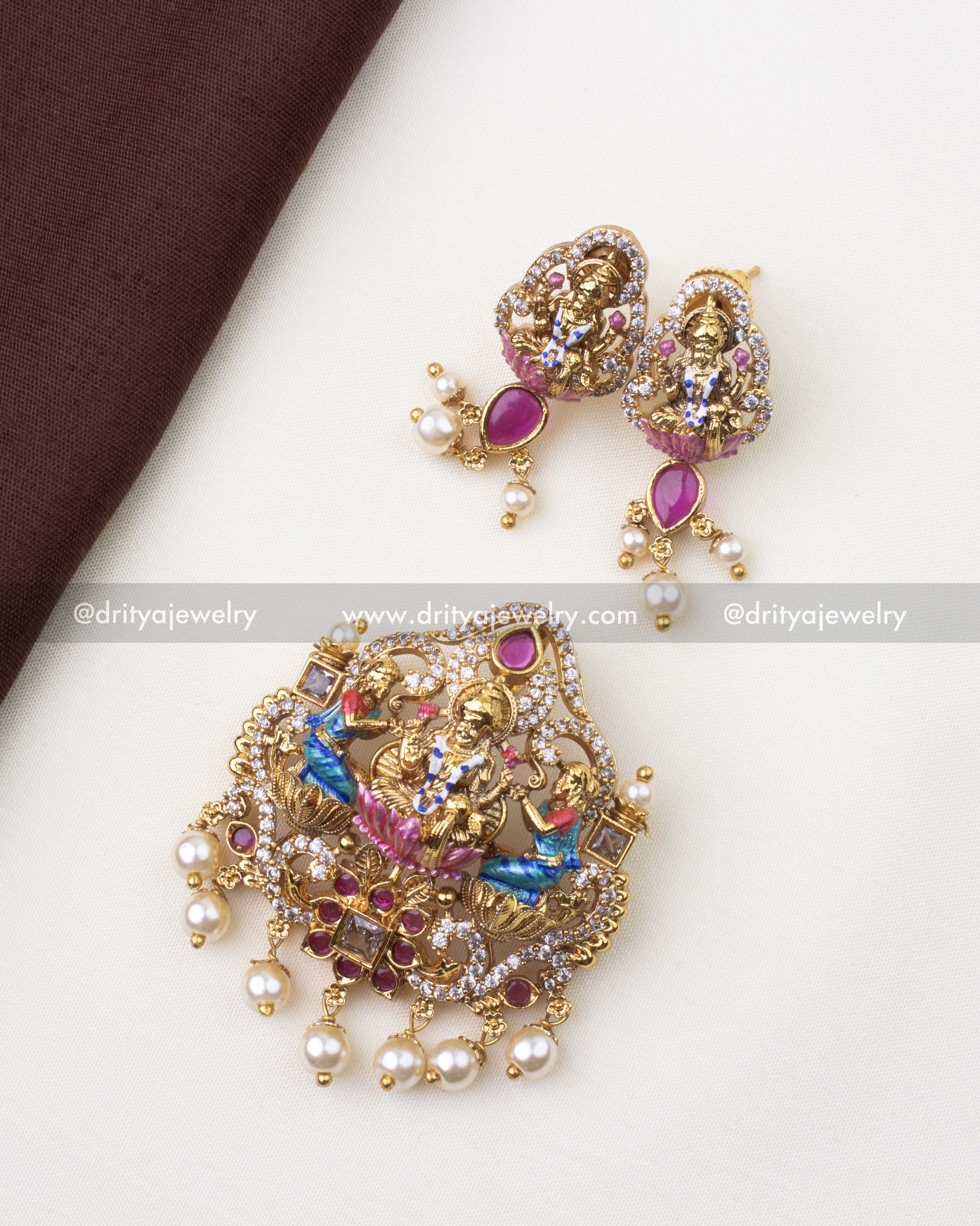 SKU 1218 complete meenakari Lakshmi Devi temple pendant set with matching stud earrings