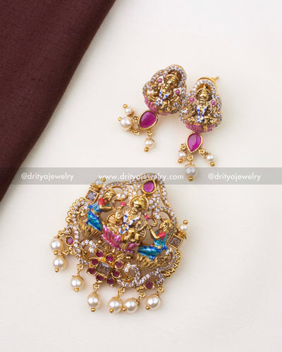 SKU 1218 complete meenakari Lakshmi Devi temple pendant set with matching stud earrings