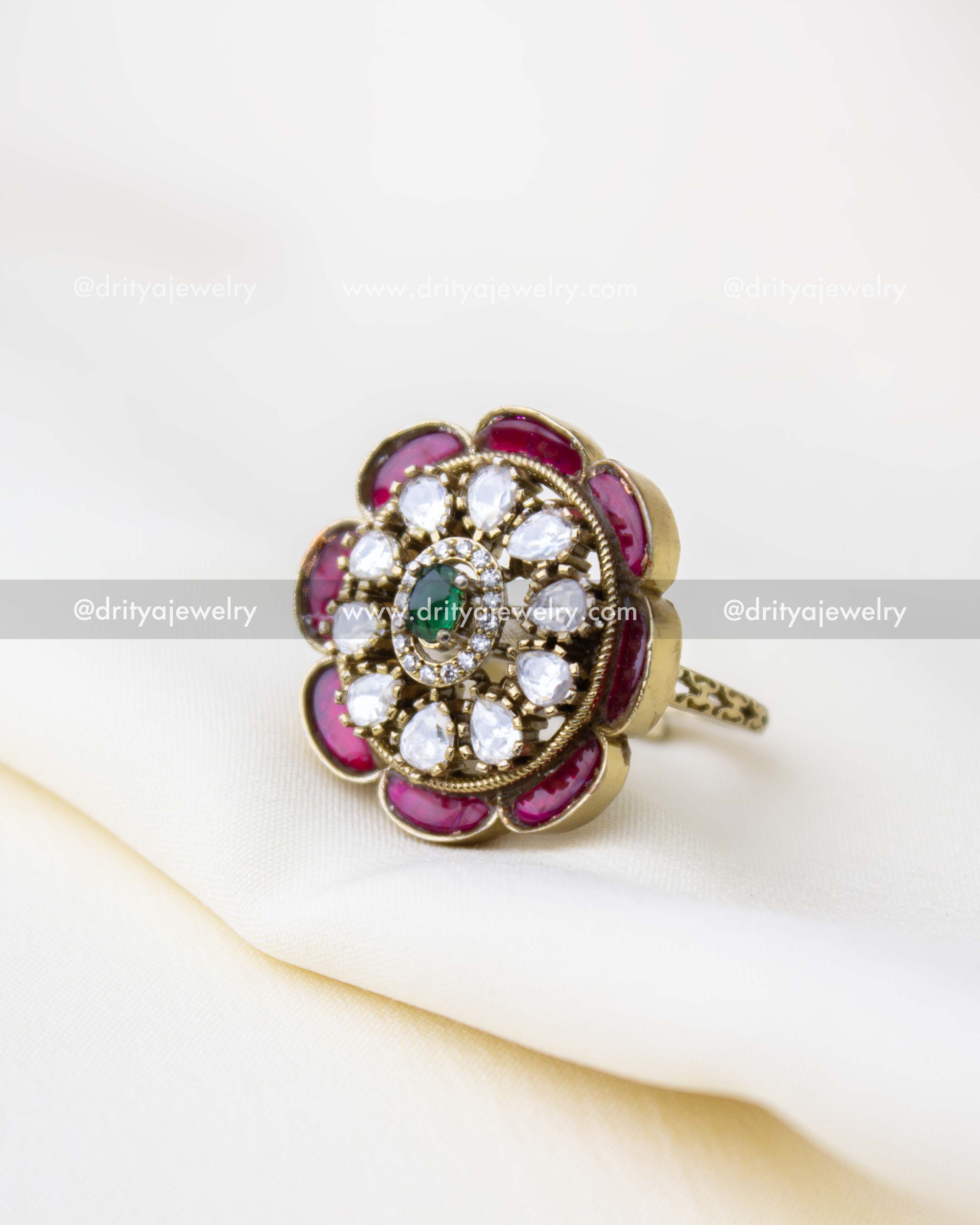 SKU 1274 Victorian kemp and CZ stone floral ring angled front view