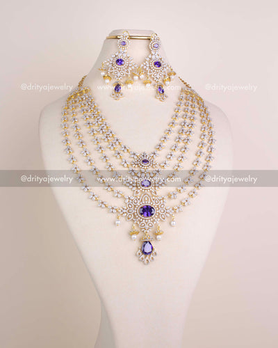 1230 - Multi-layer bridal necklace set with purple stones and matching dangler earrings front view