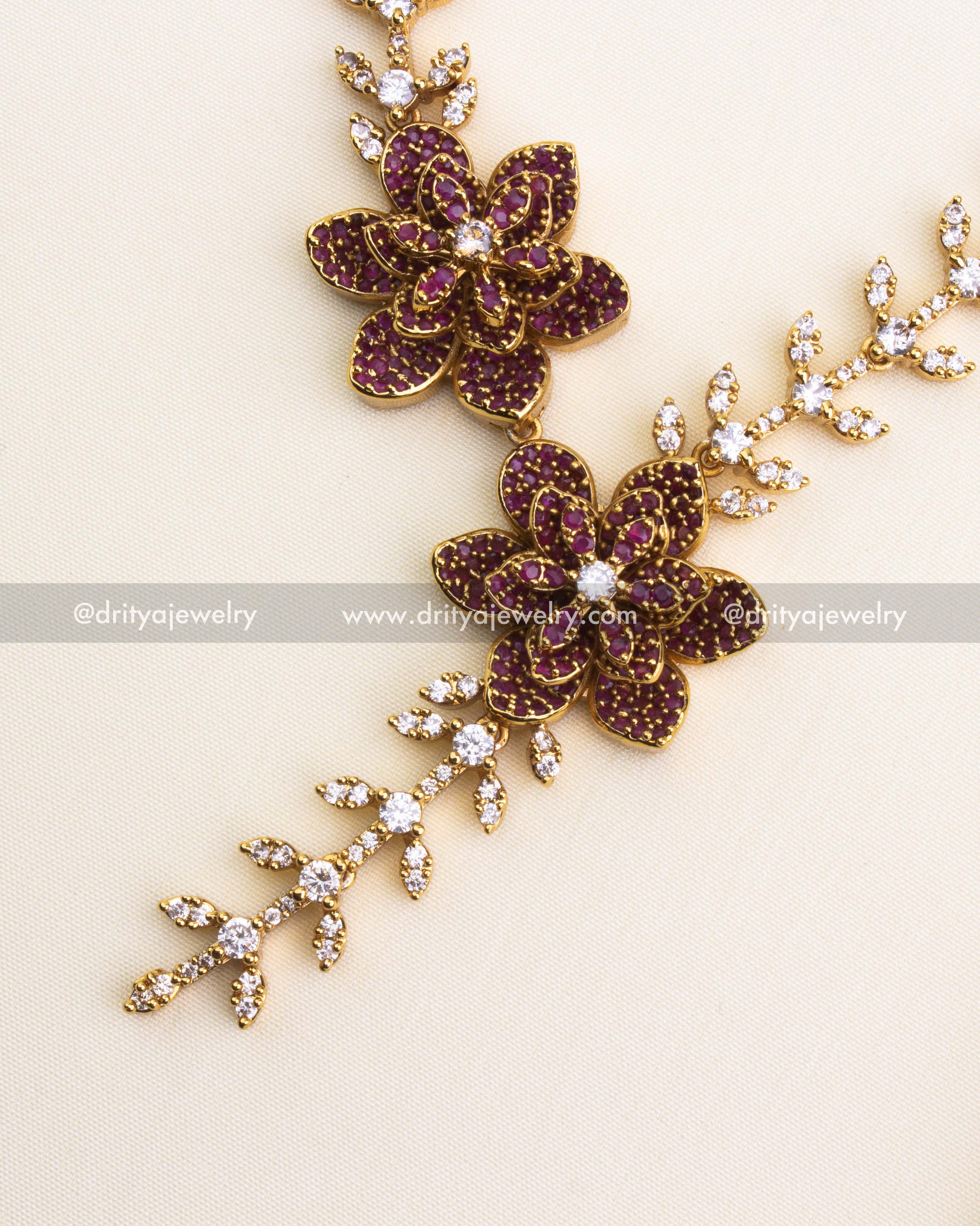 SKU 1113 - Necklace Set - Close-up of dual floral centerpiece and CZ-studded vine links