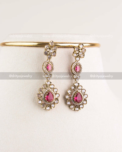 1096-R close-up of matching red stone Victorian dangler earrings