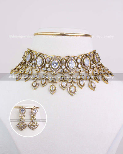 1236-W Victorian AD stone choker necklace set with danglers front view on display bust