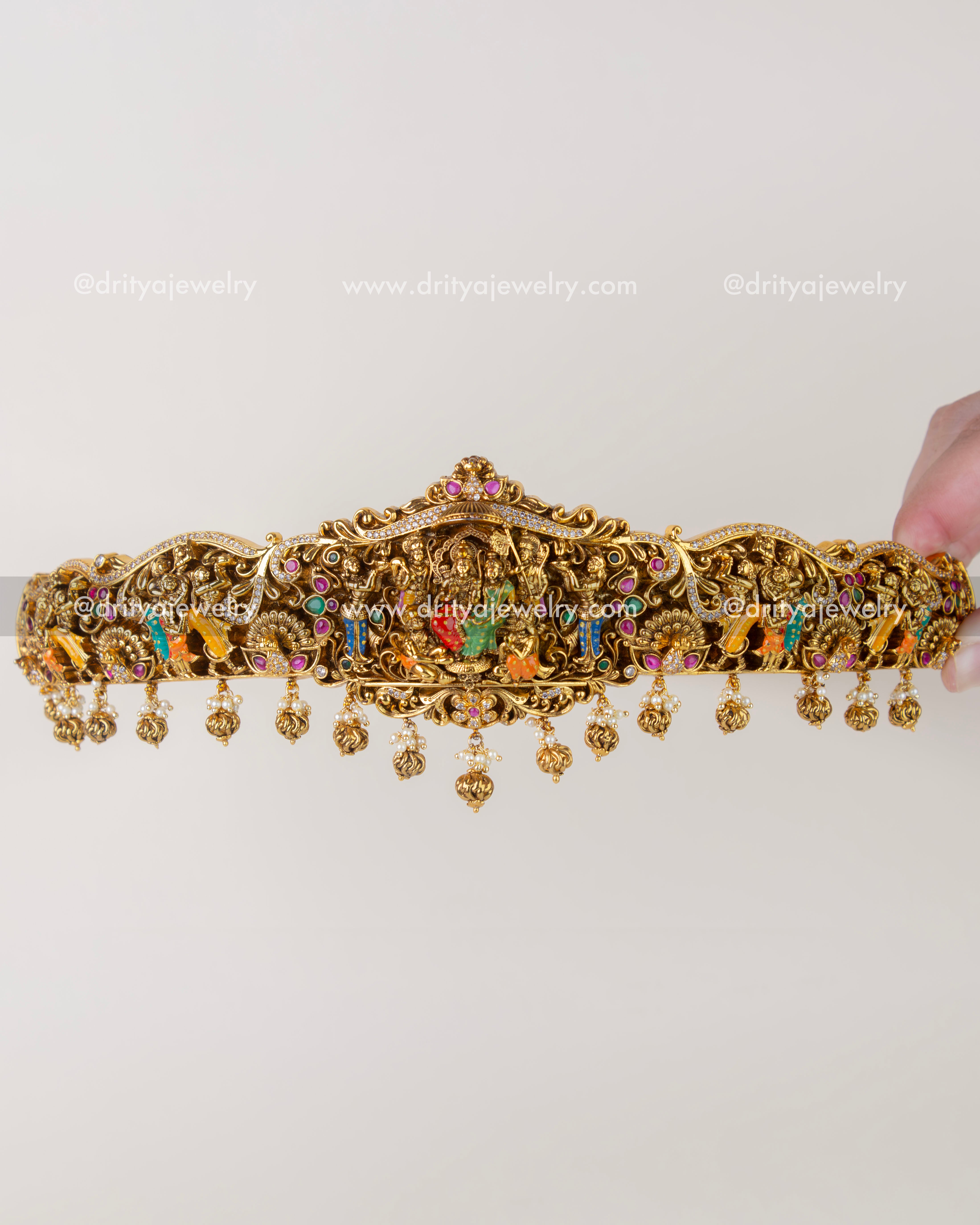 1206 - Front view of premium Ram Parivar meenakari nakshi waist belt with dangling charms