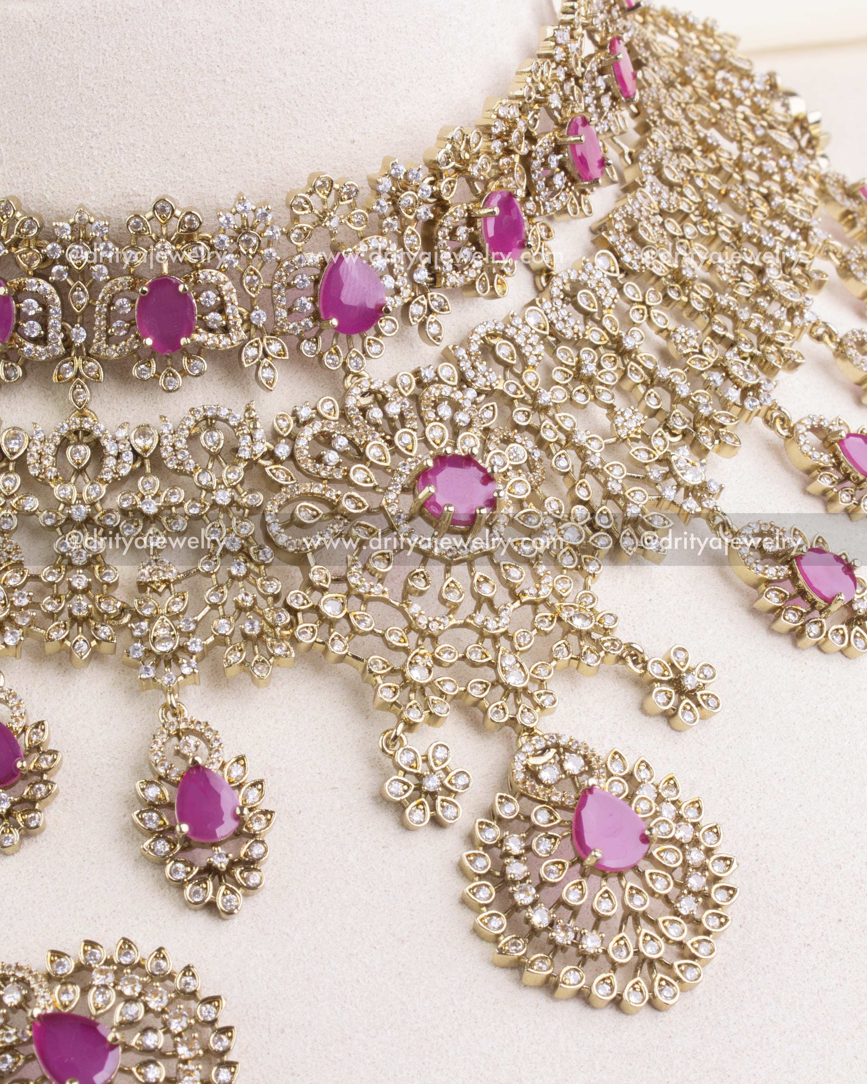 1235-P close-up of Victorian choker necklace with pink stones and dangling motifs