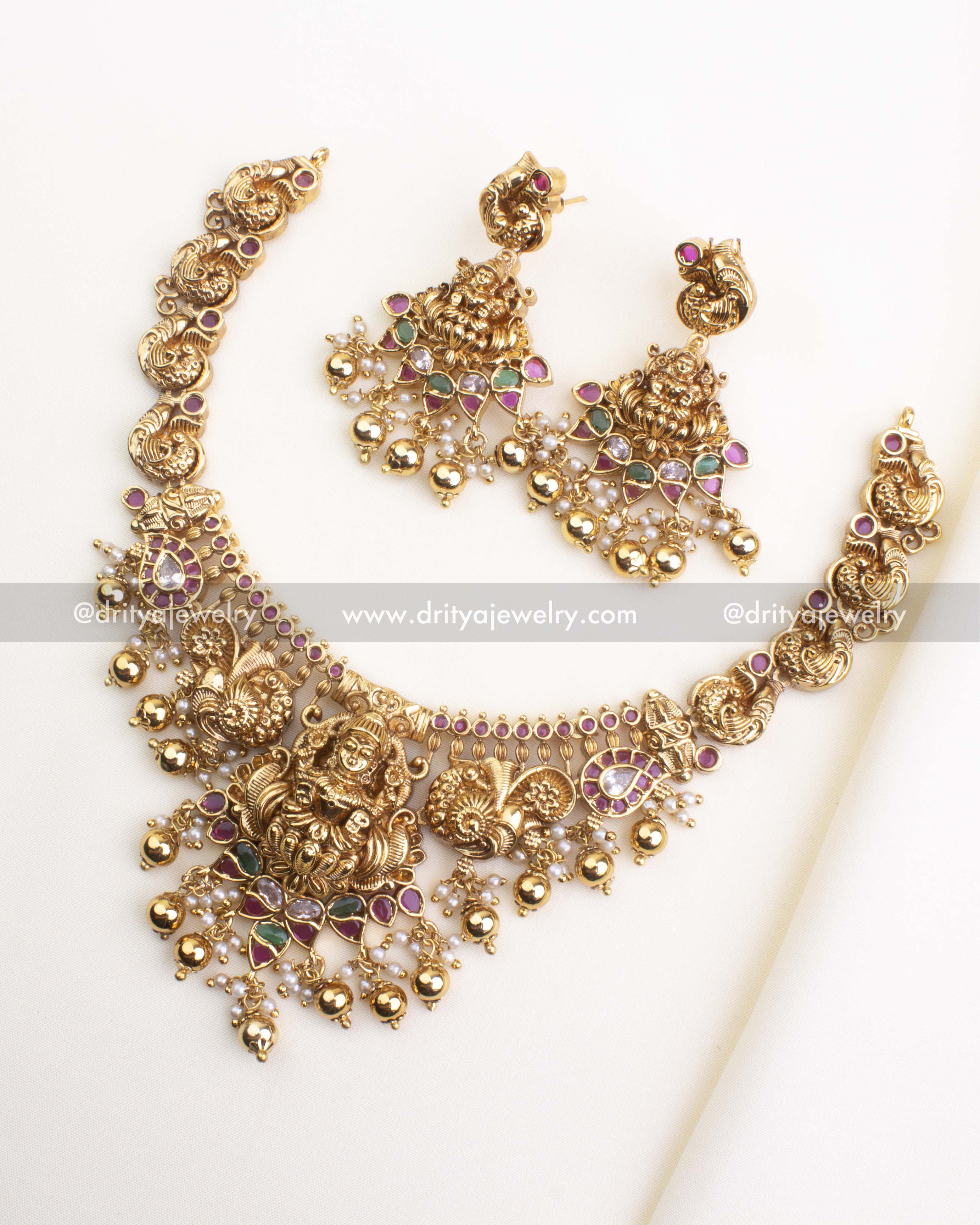SKU 1105 Necklace Set - Full layout of nakshi temple short necklace with matching god idol earrings