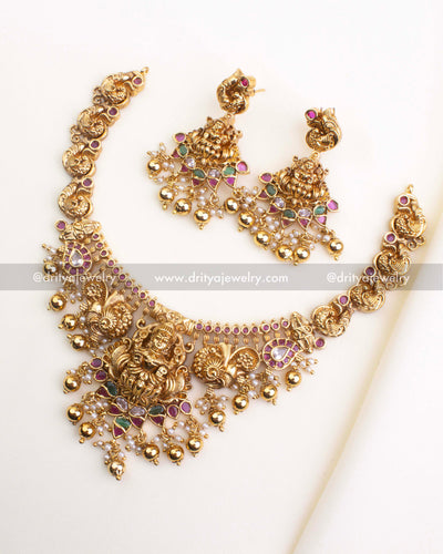 SKU 1105 Necklace Set - Full layout of nakshi temple short necklace with matching god idol earrings