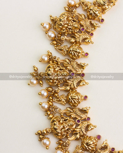 SKU 1127 Necklace Set angled view of linked temple motifs and dangling pearls