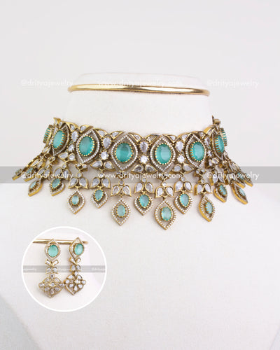 1236-MG mint stone Victorian choker necklace set with matching earrings front view