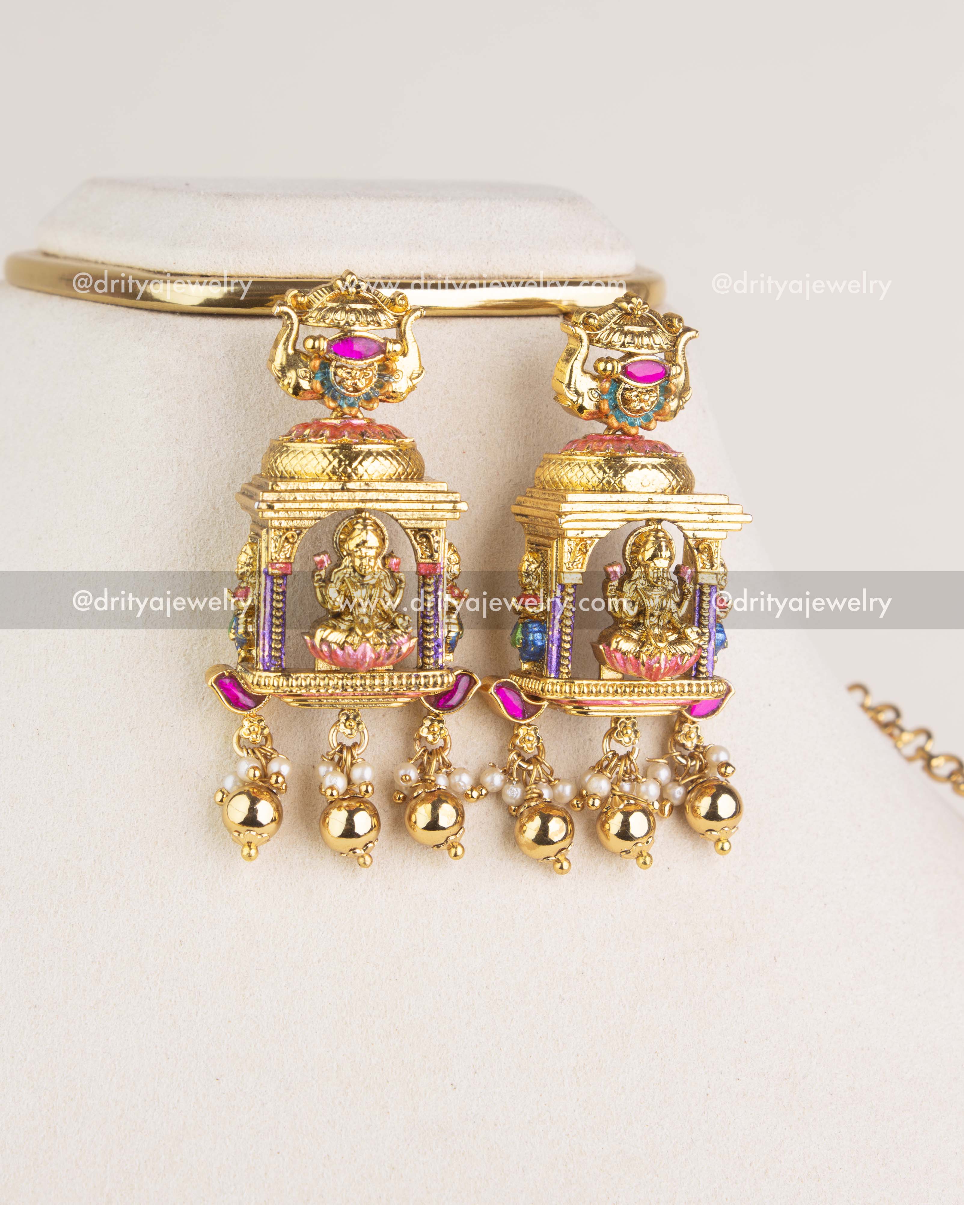 SKU 1118 Necklace Set close-up of matching temple-inspired dangler earrings with bead drops