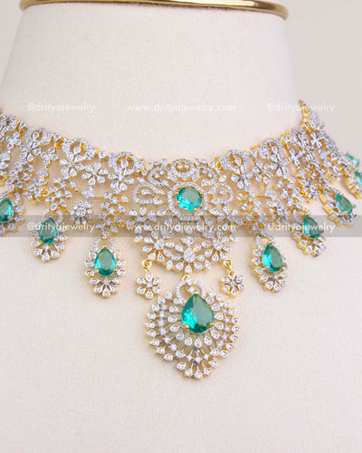 1227 - Center pendant detail of emerald and CZ short necklace