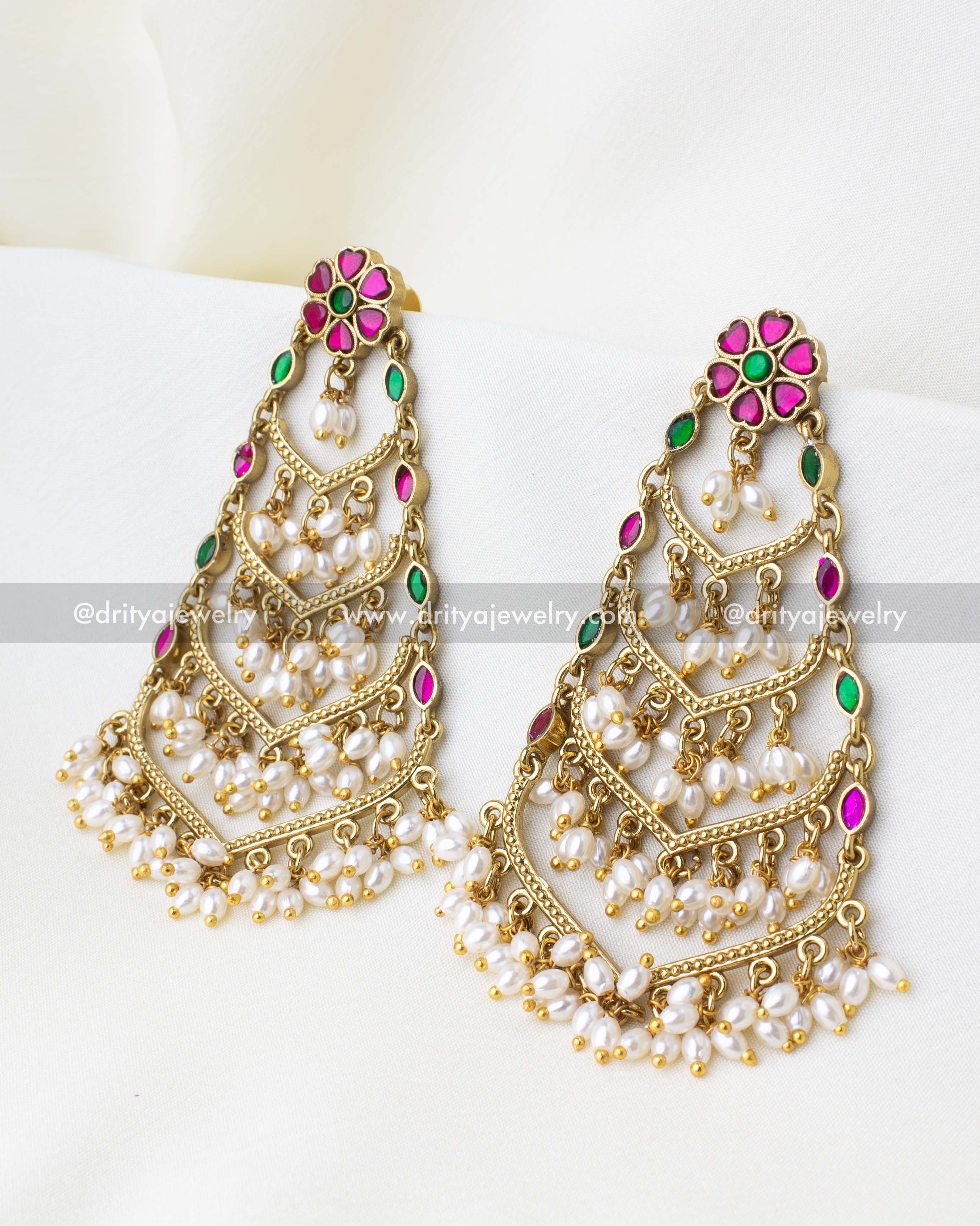 SKU 1277 big kemp dangler earrings with layered pearl clusters front view