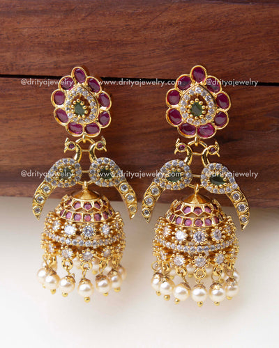1300 - Premium gold replica peacock CZ jhumka earrings front view