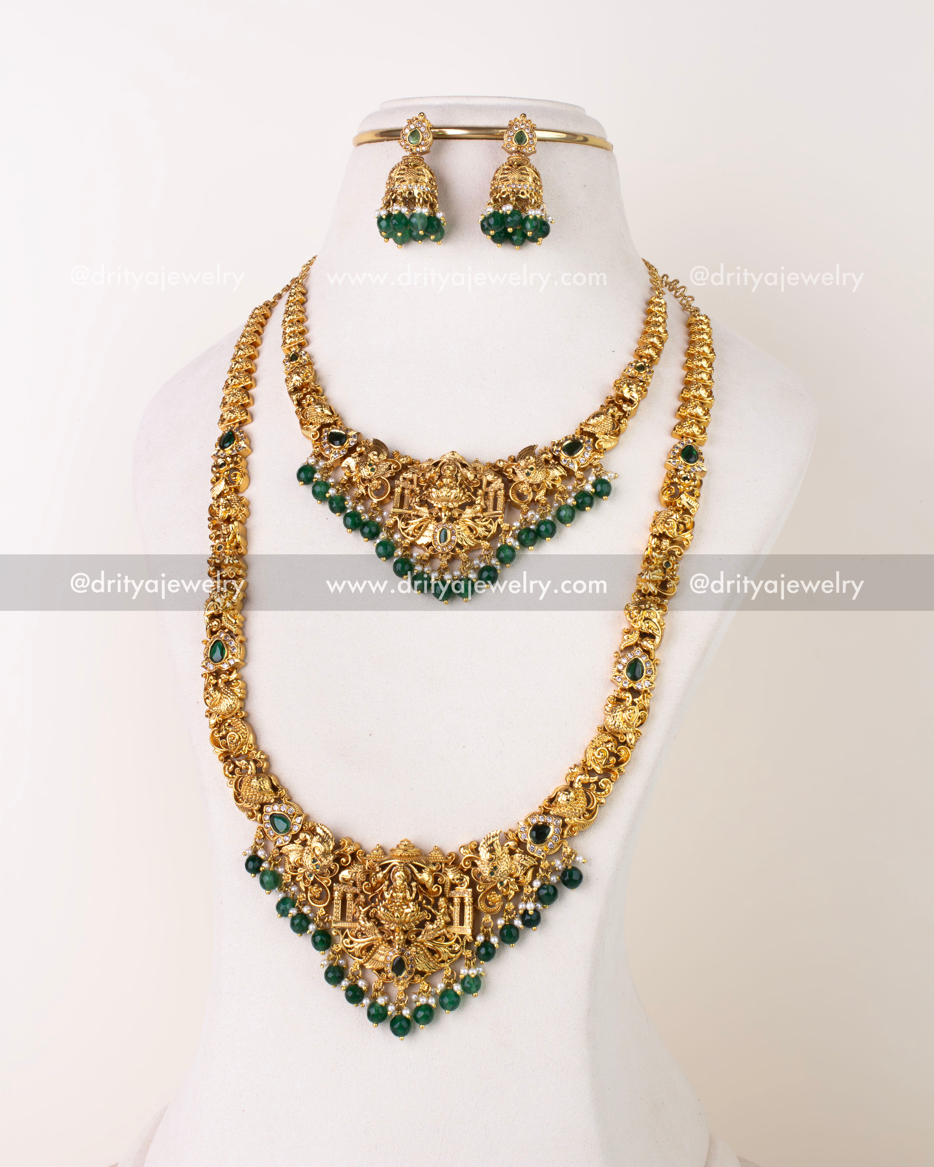 1270-G complete premium temple combo set with short and long necklaces and jhumkas