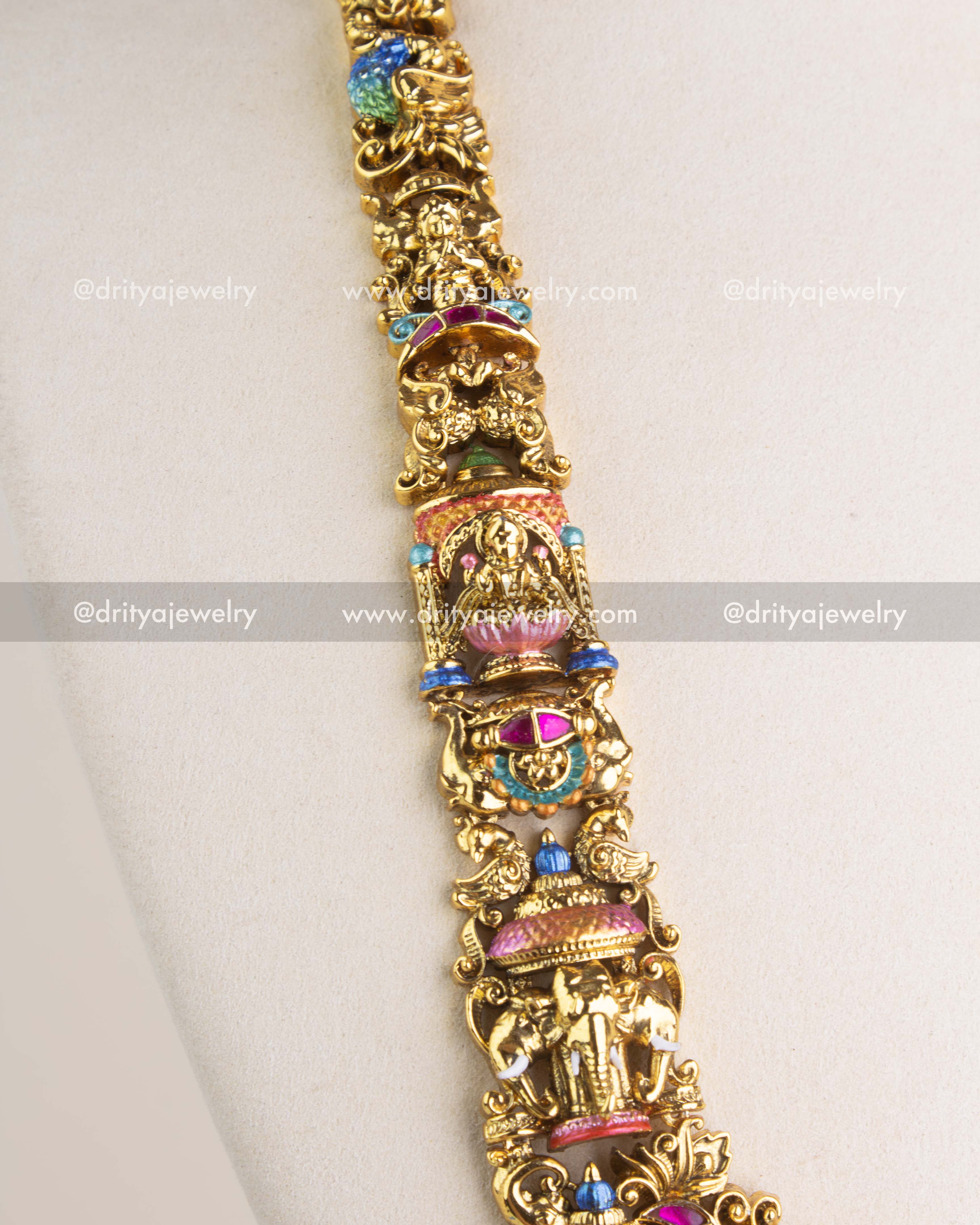 SKU 1118 Necklace Set close-up of long haram strand showing layered deity panels and enamel work