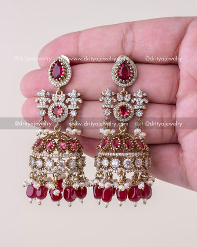 1257-R close front view of big Victorian red jhumka earrings with bead drops