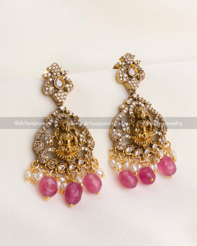SKU 1188 - Temple earrings with god idol and pink bead drops front view