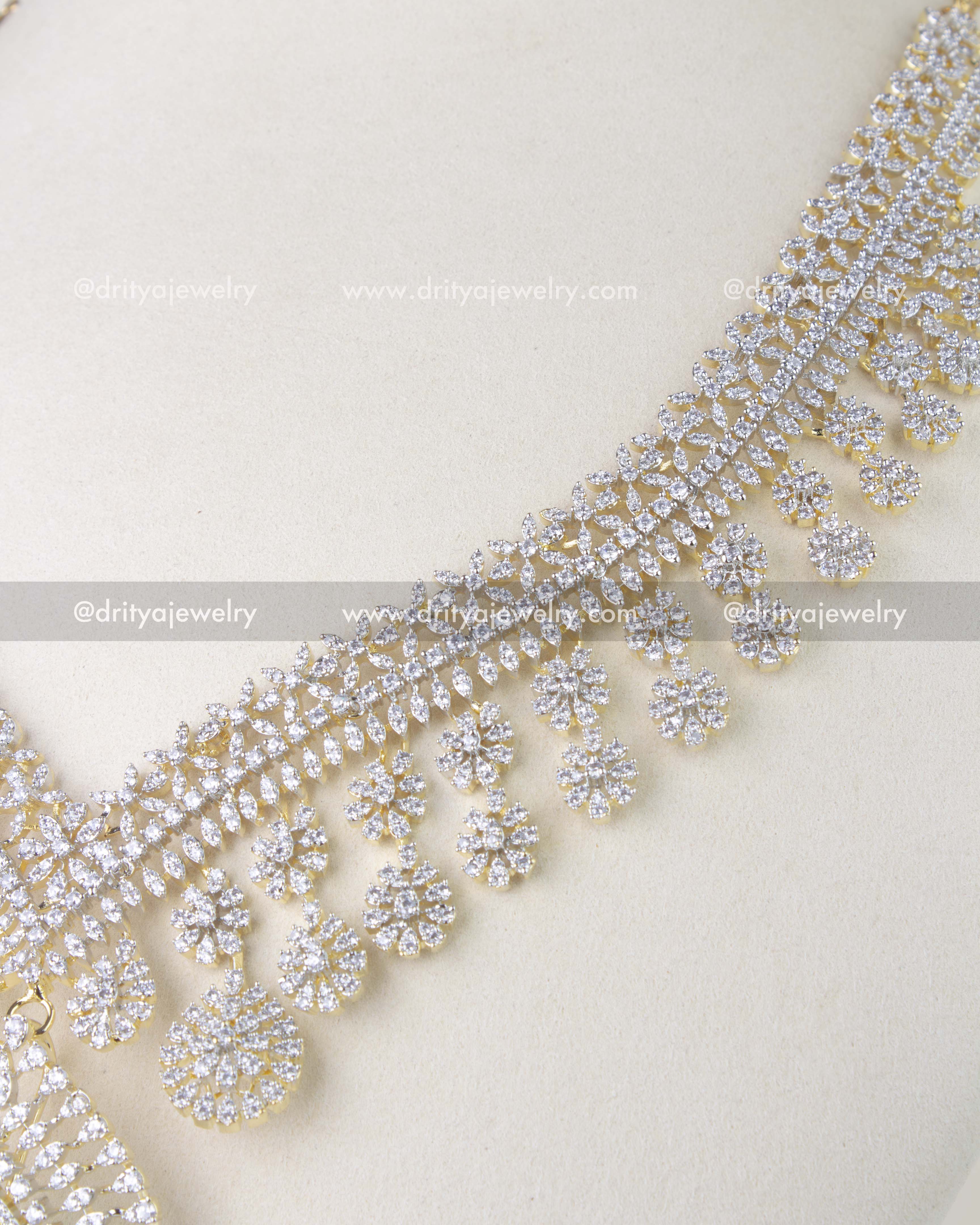 1214-RE detailed view of CZ floral fringe necklace design