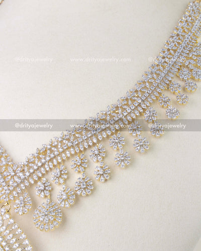 1214-RE detailed view of CZ floral fringe necklace design
