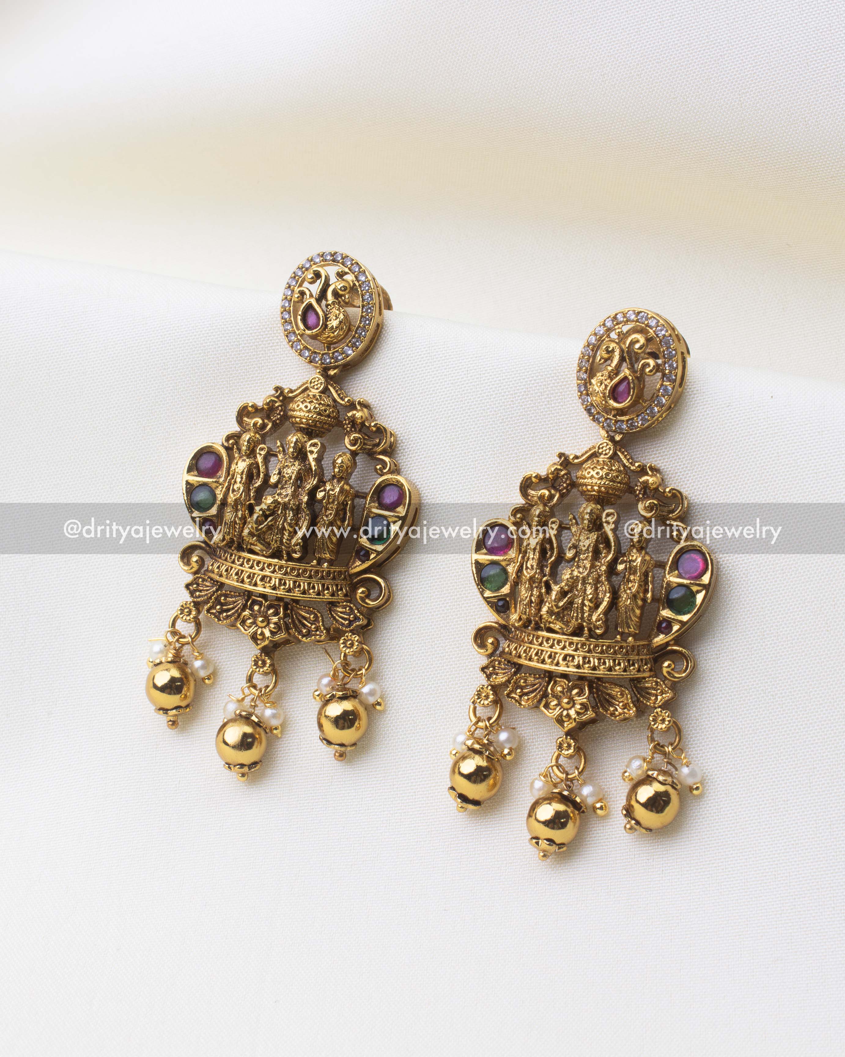 SKU 1247 Ram Parivar antique finish dangler earrings front view