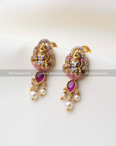 SKU 1218 God idol meenakari temple stud earrings with ruby stones and pearl bead drops front view