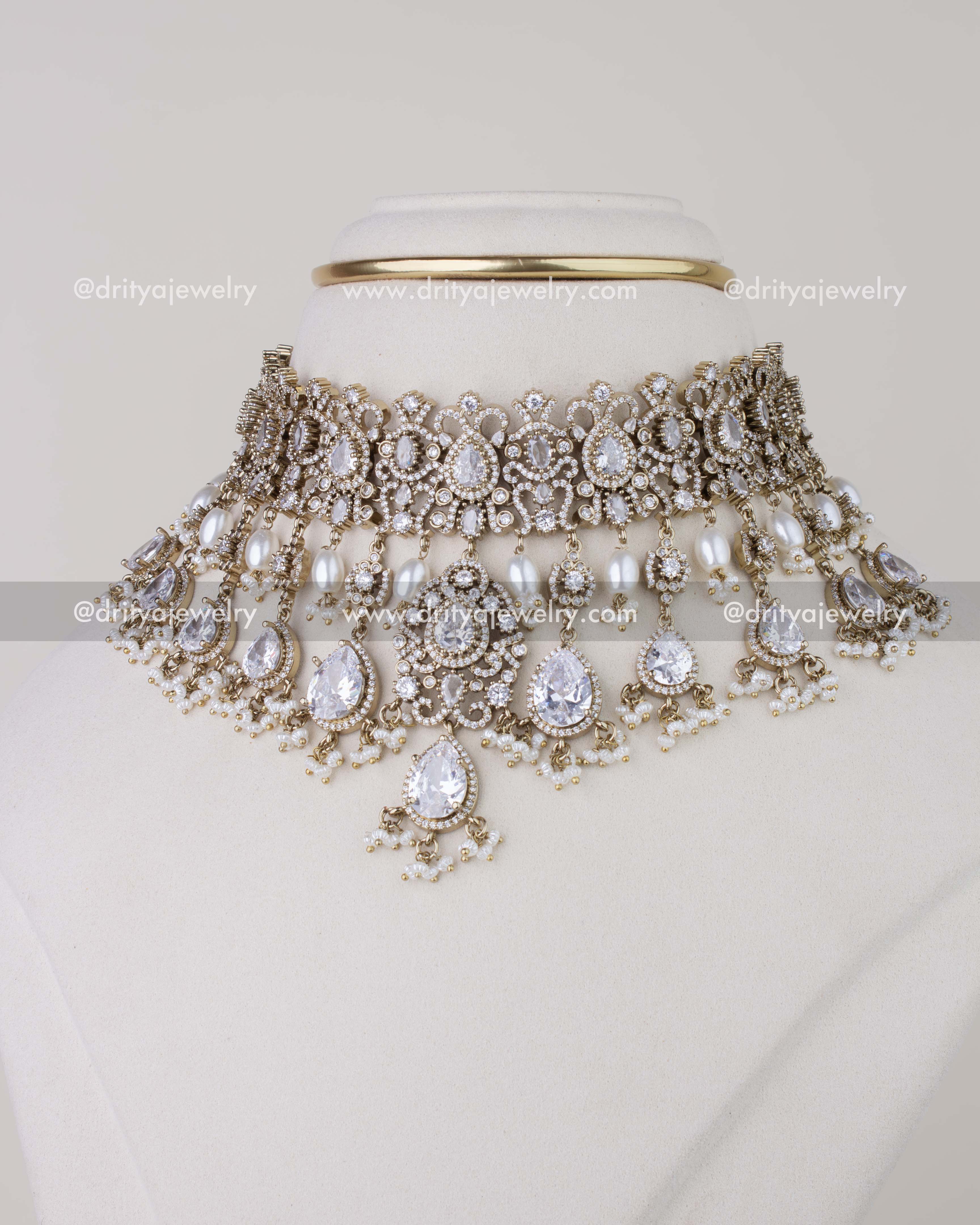 1023-W full display of premium bridal Victorian CZ choker necklace set