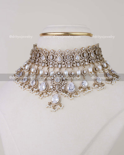 1023-W full display of premium bridal Victorian CZ choker necklace set