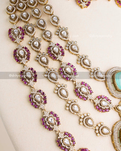SKU 1131 Necklace Set side close-up of layered polki kundan strands with ruby detailing