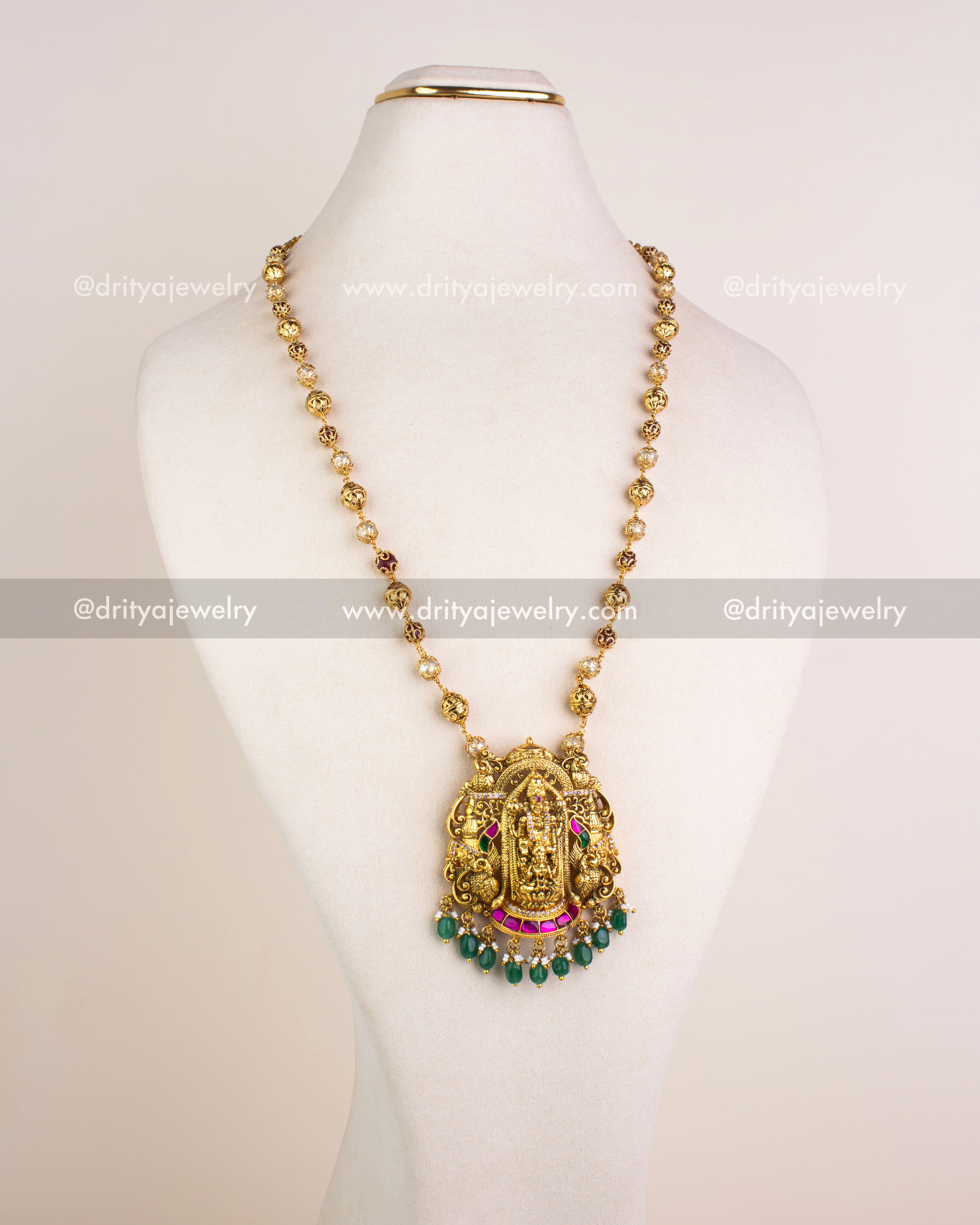 1123-N full-length Venkateswara Swamy temple beads necklace displayed on bust